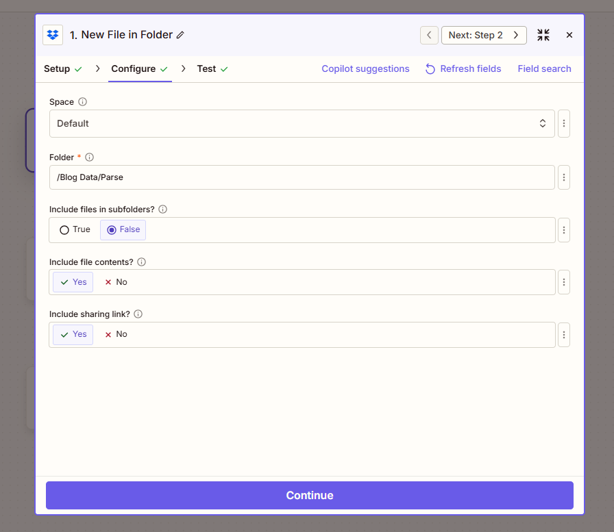 Zapier New File in Folder: Space Default, Folder /Blog Data/Parse, Include files in subfolders False, Include file contents Yes, Include sharing link Yes