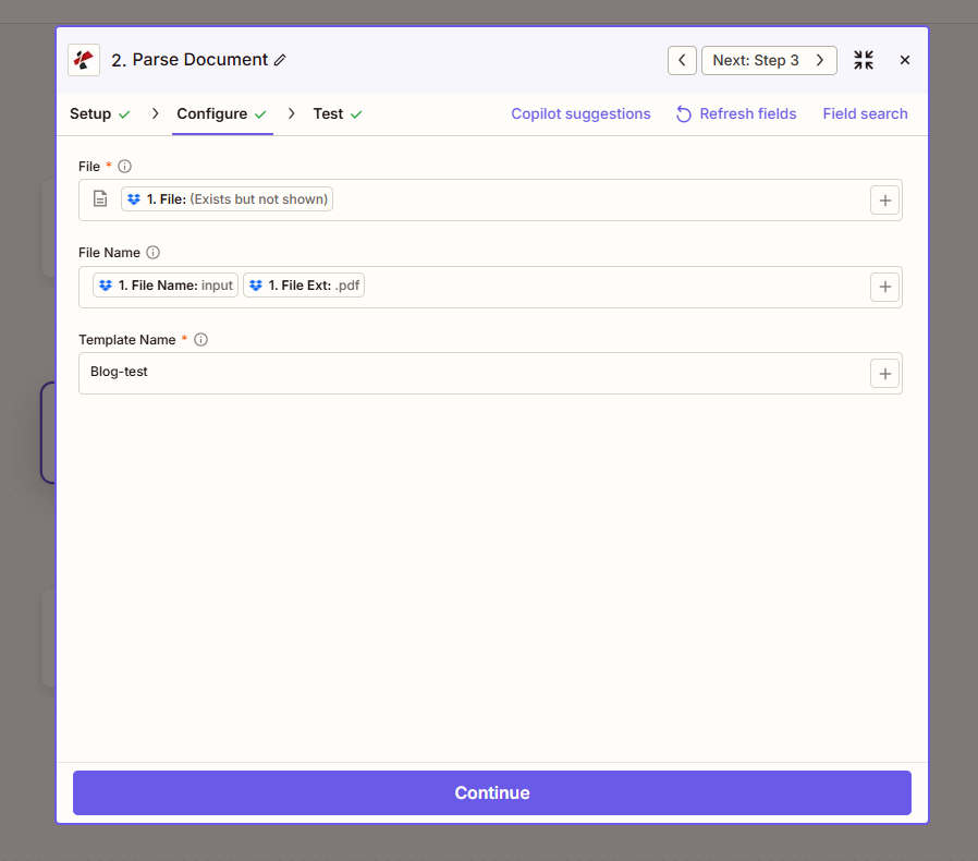 Zapier Parse Document: File from step 1, File Name 1. File Name + 1. File Ext (input.pdf), Template Name Blog-test