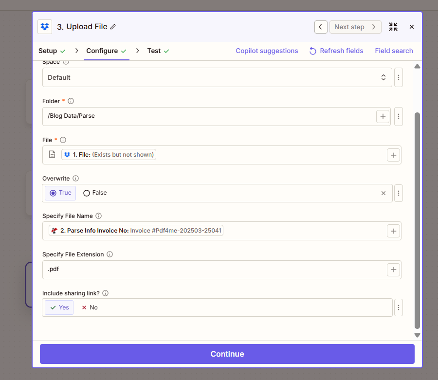 Zapier Upload File: Folder /Blog Data/Parse, File from 1. File, Overwrite True, Specify File Name 2. Parse Info Invoice No, Specify File Extension .pdf, Include sharing link Yes
