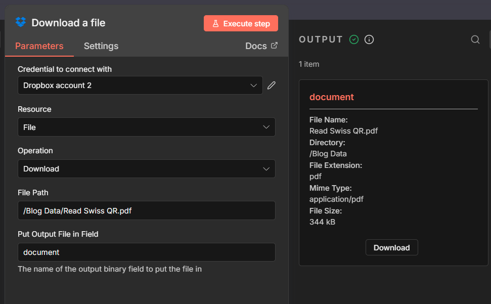 n8n Dropbox Download a file node: file path and put output in field document