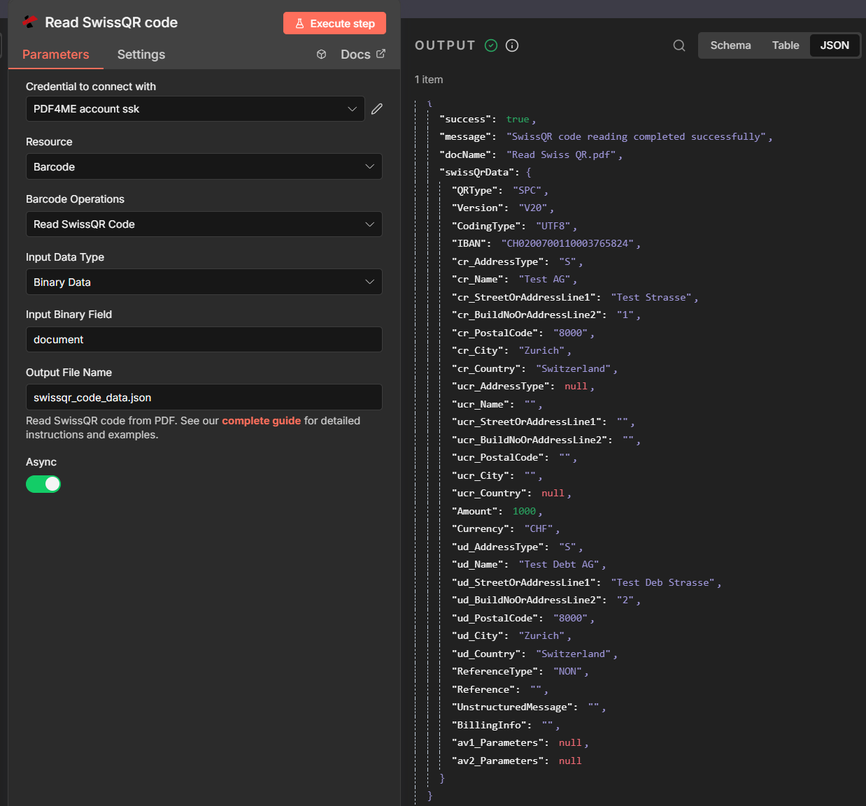 n8n Read Swiss QR code node: parameters and swissQrData output