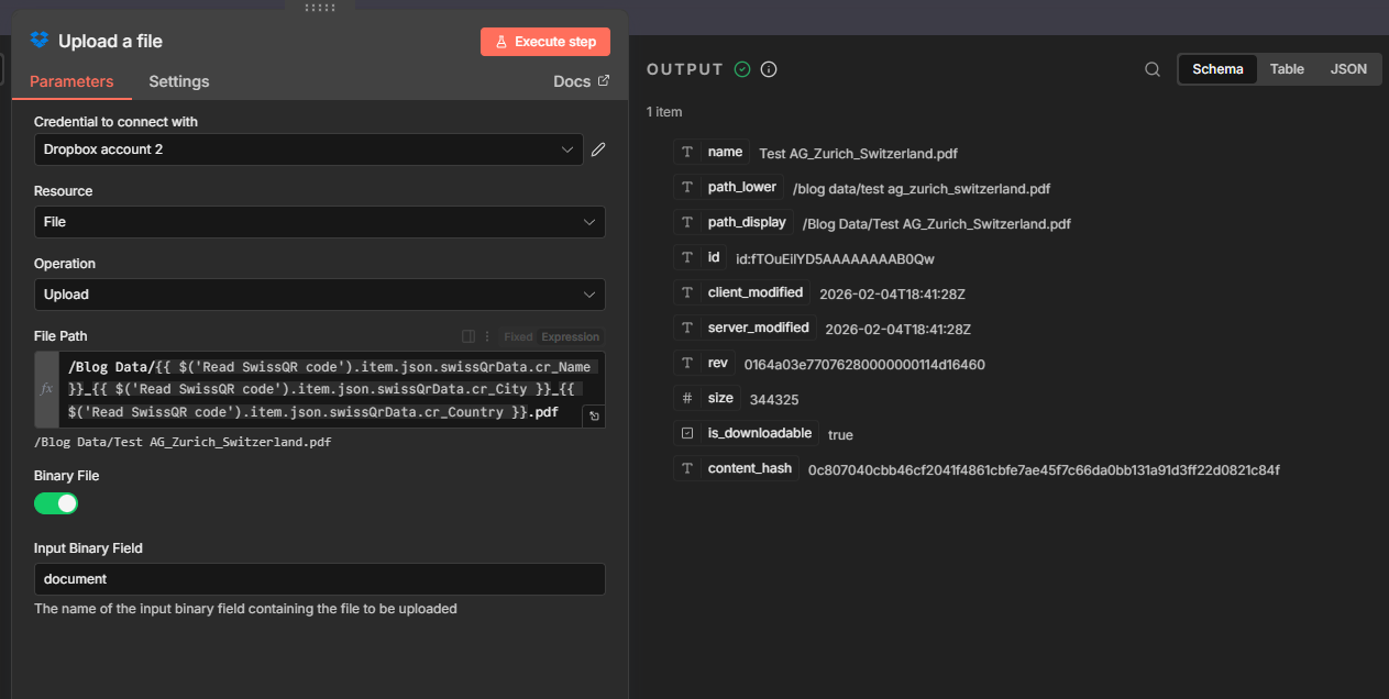 n8n Upload a file: dynamic filename from Swiss QR creditor data