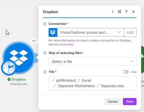Dropbox Download a File configuration in Make with Connection set to YnooxTestone, Way of selecting files set to Select a file, and File pointing to /pdf4metest/Excel/Separate Worksheets/Separate.xlsx.