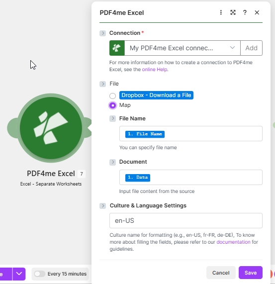 PDF4me Excel module in Make configured for Excel - Separate Worksheets: Connection My PDF4me Excel connection, File set to Map with File Name mapped from step 1 File Name and Document mapped from step 1 Data, Culture & Language Settings en-US.