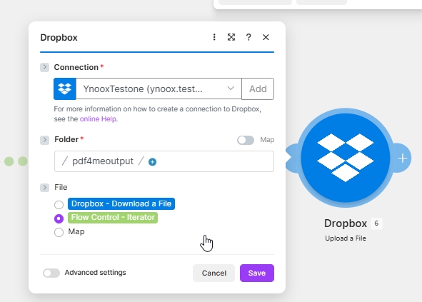 Dropbox Upload a File in Make with Connection YnooxTestone, Folder /pdf4meoutput/, and File set to Flow Control - Iterator so each iteration uploads one splitted worksheet.