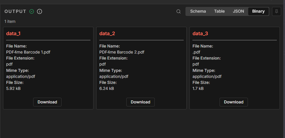 Binary output: data_1 PDF4me Barcode 1.pdf 5.92 kB, data_2 PDF4me Barcode 2.pdf 6.24 kB, data_3 1.7 kB
