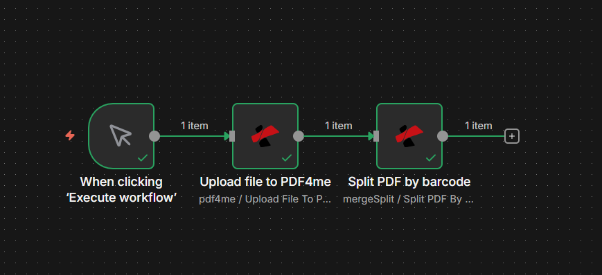 n8n workflow: When clicking Execute workflow → Upload file to PDF4me → Split PDF by barcode