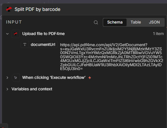 Split PDF by barcode input: documentUrl from Upload file to PDF4me