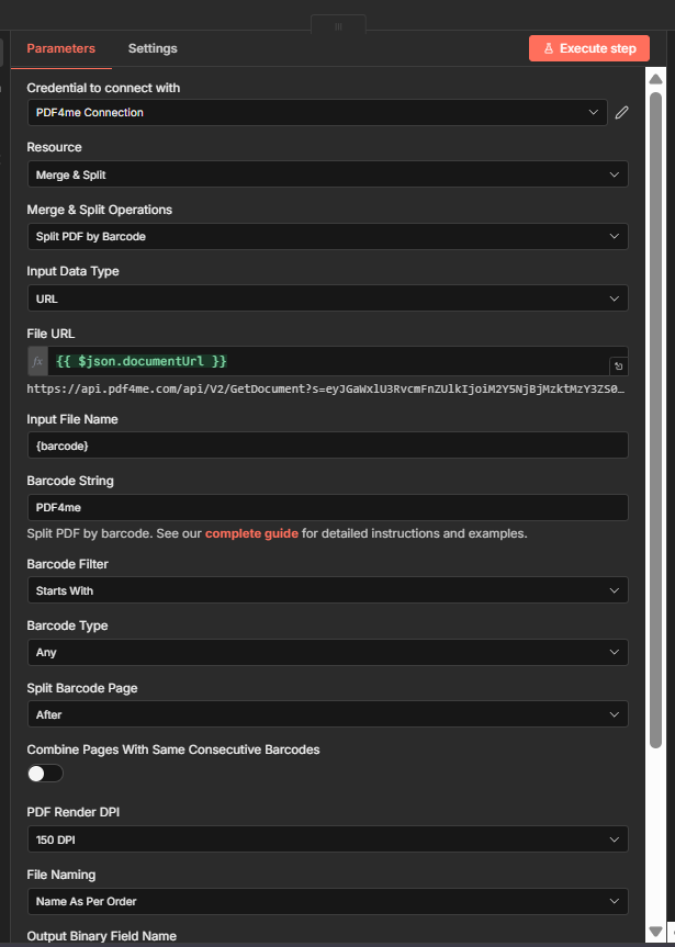 Split PDF by barcode: File URL from documentUrl, Barcode String PDF4me, Barcode Filter Starts With, Split Barcode Page After
