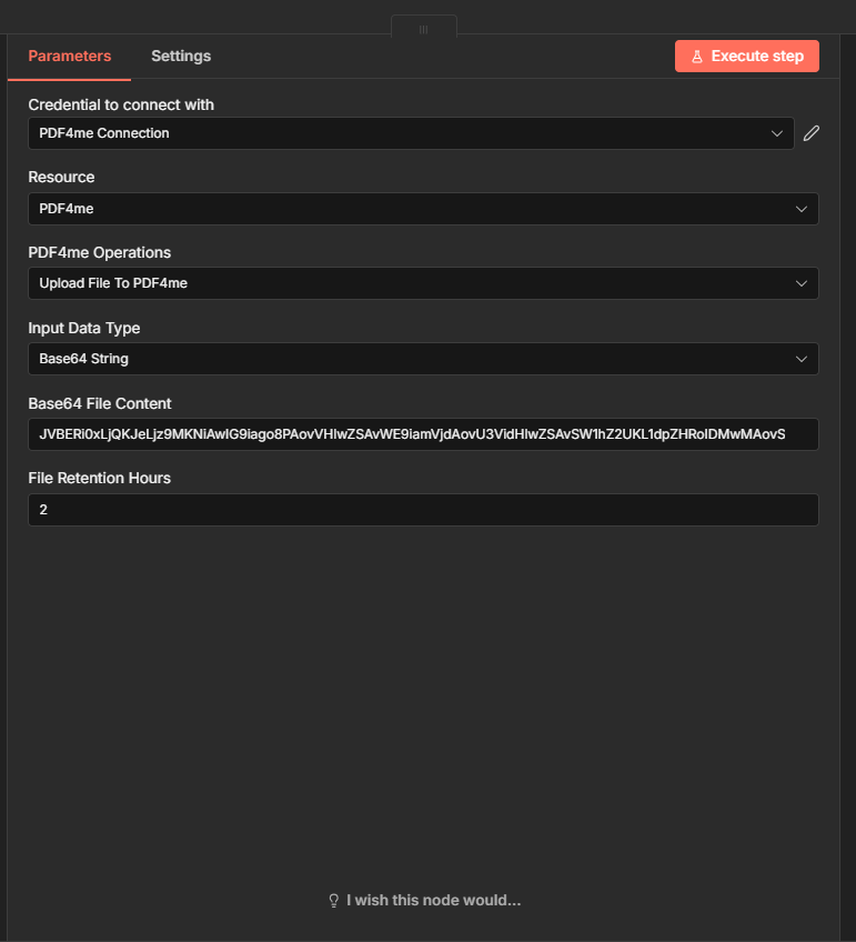Upload file to PDF4me: Input Data Type Base64 String, Base64 File Content, File Retention Hours 2