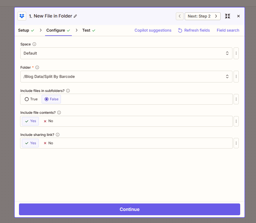 New File in Folder: Space Default, Folder /Blog Data/Split By Barcode, Include file contents Yes