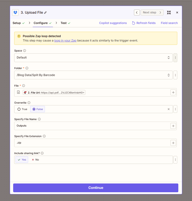 Upload File: Folder /Blog Data/Split By Barcode, File from step 2, File Name Outputs, Extension .zip