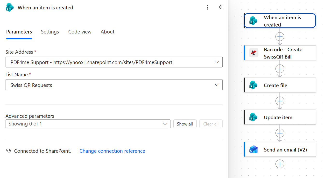 SharePoint When an item is created trigger with Site Address PDF4me Support at ynoox1.sharepoint.com/sites/PDF4meSupport and List Name Swiss QR Requests, with no advanced parameters set