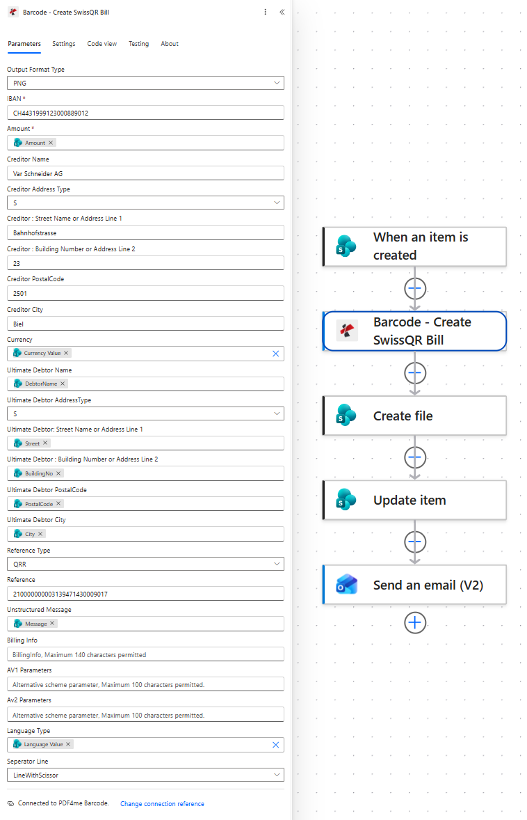 PDF4me Barcode Create SwissQR Bill action with Output Format Type PNG, IBAN CH4431999123000889012, Amount from the list, creditor Var Schneider AG at Bahnhofstrasse 23, 2501 Biel, address type S, currency and ultimate debtor name, street, building number, postal code and city mapped from list columns, Reference Type QRR with a 27 digit reference, unstructured message and language type from the list, and Seperator Line set to LineWithScissor