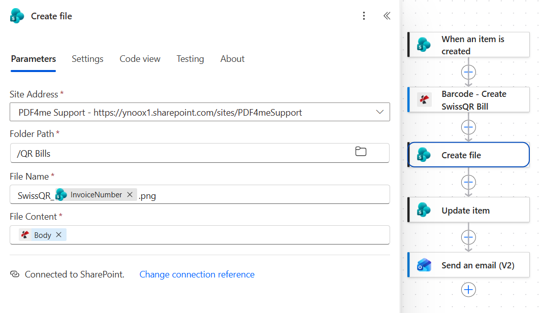 SharePoint Create file action with Site Address PDF4me Support, Folder Path /QR Bills, File Name SwissQR_ followed by the InvoiceNumber token and .png, and File Content set to the Body token from the PDF4me barcode action