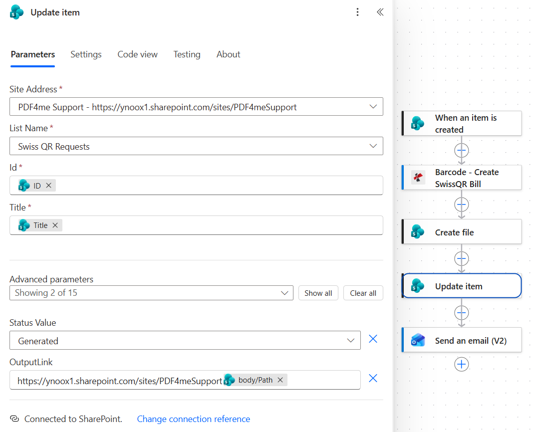 SharePoint Update item action with Site Address PDF4me Support, List Name Swiss QR Requests, Id and Title taken from the trigger, and advanced parameters Status Value set to Generated and OutputLink built from the site URL plus the Path token from Create file