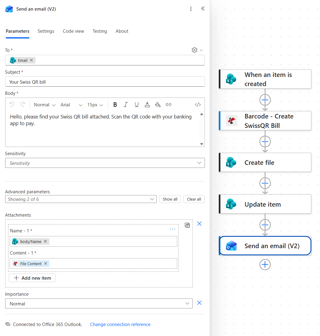 Office 365 Outlook Send an email V2 action with To taken from the Email column, subject Your Swiss QR bill, a body asking the recipient to scan the QR code with their banking app, an attachment whose name comes from the Create file Name token and whose content comes from the PDF4me File Content token, and Importance Normal