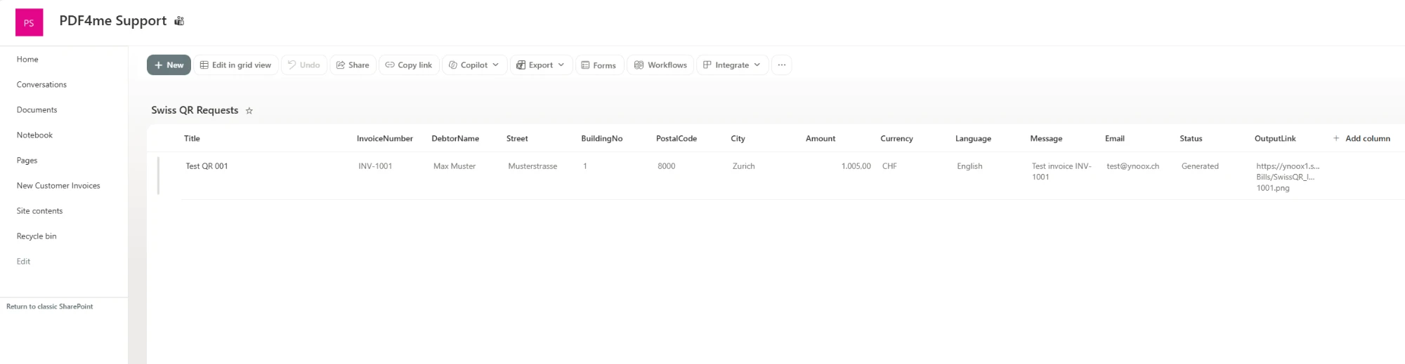 SharePoint list Swiss QR Requests with columns Title, InvoiceNumber, DebtorName, Street, BuildingNo, PostalCode, City, Amount, Currency, Language, Message, Email, Status and OutputLink, holding one row: Test QR 001, INV-1001, Max Muster, Musterstrasse, 1, 8000, Zurich, 1,005.00, CHF, English, Test invoice INV-1001, with status Generated and a link to the generated PNG