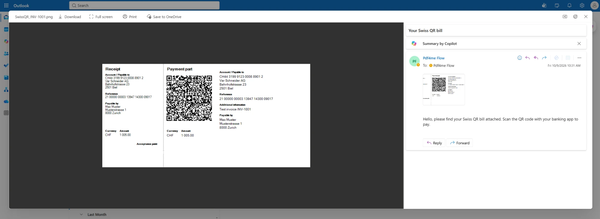 Outlook showing the email Your Swiss QR bill from the Pdf4me Flow account with SwissQR_INV-1001.png attached and open in the preview pane, and the body telling the recipient to scan the QR code with their banking app to pay