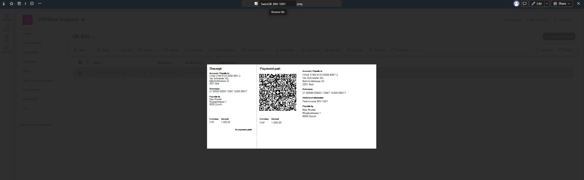 SharePoint QR Bills library showing SwissQR_INV-1001.png with a preview of the Swiss QR bill: receipt and payment part, account CH44 3199 9123 0008 8901 2 for Var Schneider AG in Biel, reference 21 00000 00003 13947 14300 09017, payable by Max Muster in Zurich, CHF 1 005.00