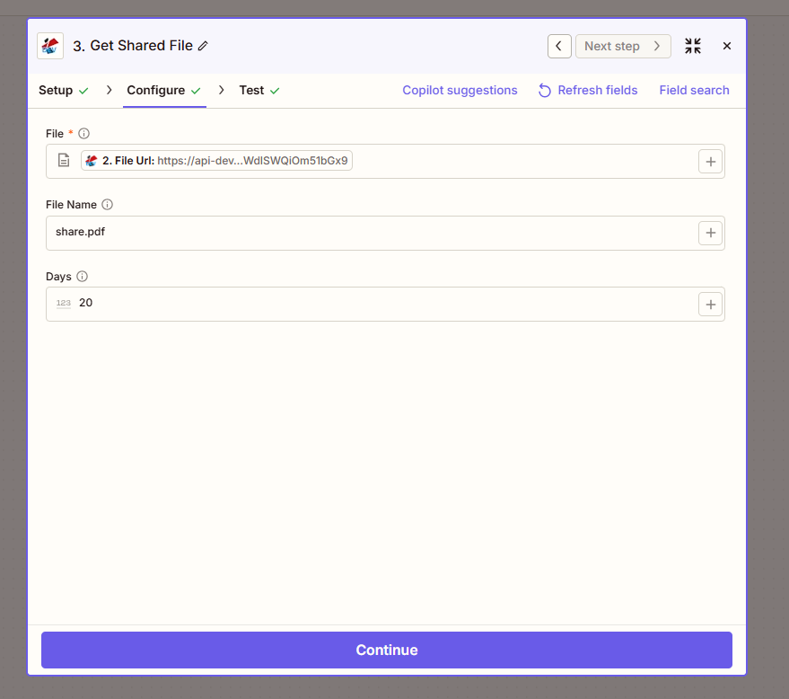 Get Shared File Zapier configuration: File (File Url), File Name share.pdf, Days 20