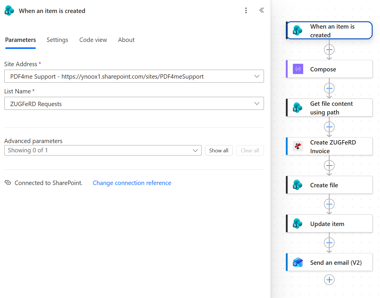 SharePoint When an item is created trigger with Site Address PDF4me Support at ynoox1.sharepoint.com/sites/PDF4meSupport and List Name ZUGFeRD Requests, with no advanced parameters set