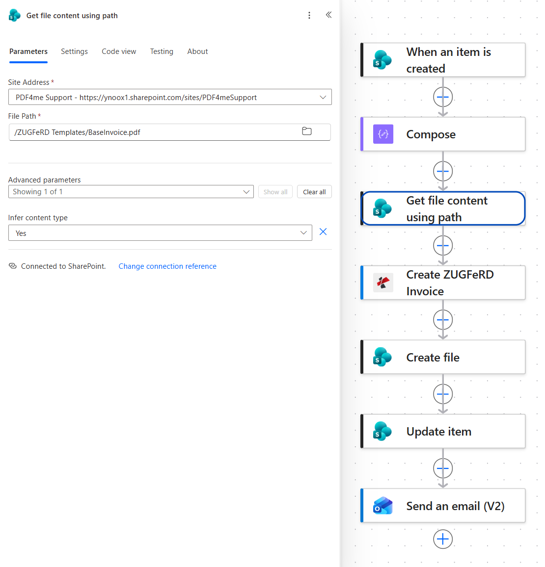 SharePoint Get file content using path action with Site Address PDF4me Support, File Path /ZUGFeRD Templates/BaseInvoice.pdf and Infer content type set to Yes