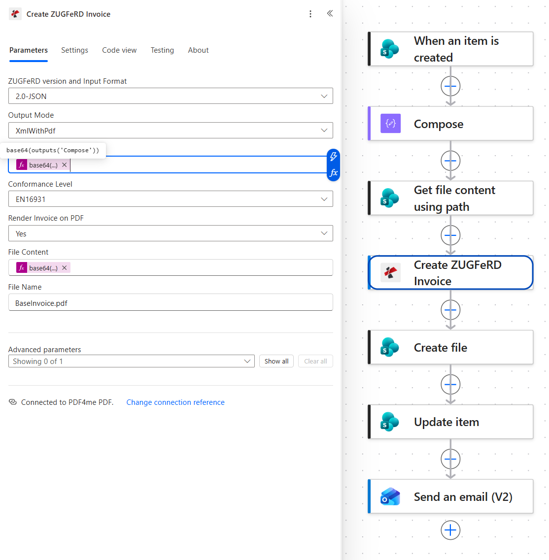 PDF4me Create ZUGFeRD Invoice action with ZUGFeRD version and Input Format set to 2.0-JSON, Output Mode XmlWithPdf, the Invoice JSON Data field holding the expression base64 of outputs Compose, Conformance Level EN16931, Render Invoice on PDF Yes, File Content holding a base64 expression over the base PDF and File Name BaseInvoice.pdf, connected to PDF4me PDF