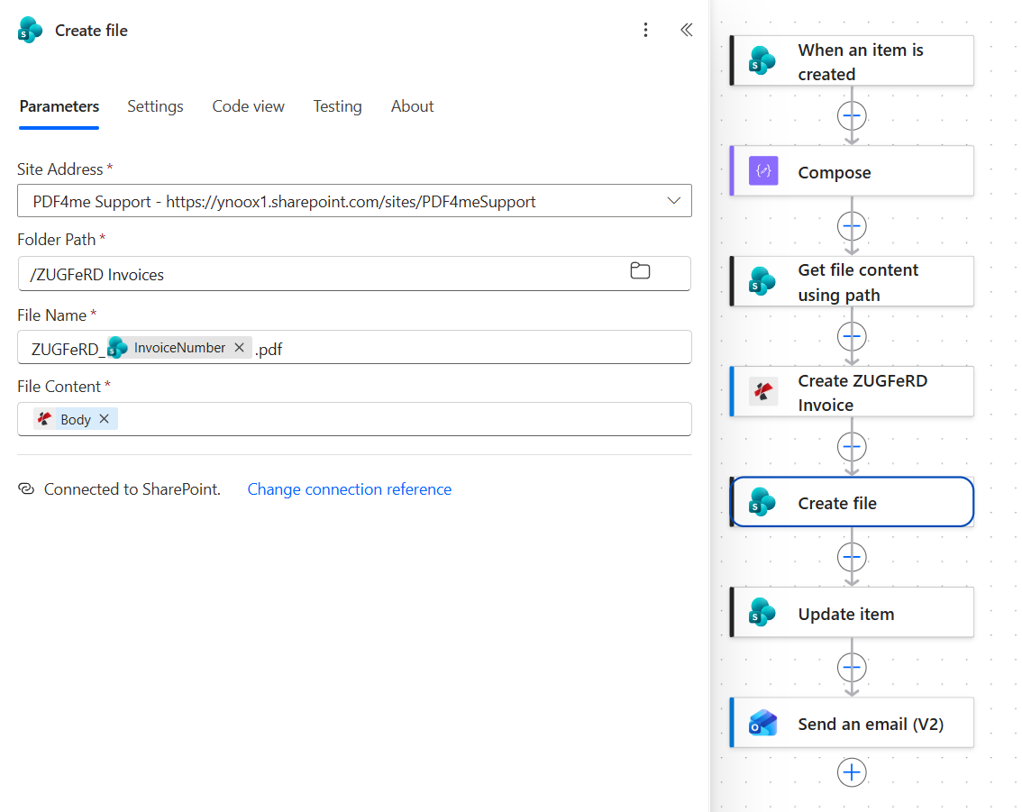 SharePoint Create file action with Site Address PDF4me Support, Folder Path /ZUGFeRD Invoices, File Name ZUGFeRD_ followed by the InvoiceNumber token and .pdf, and File Content set to the Body token from the PDF4me action