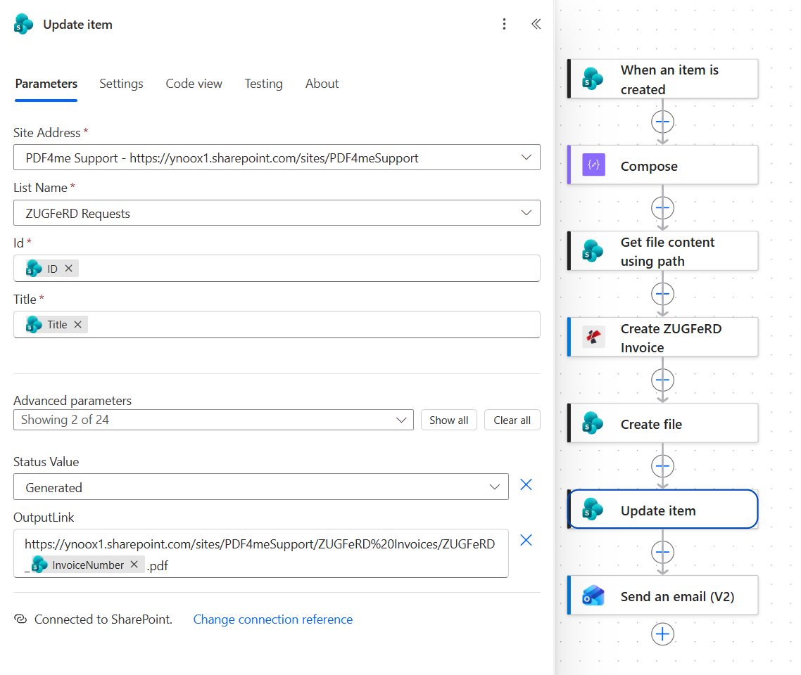 SharePoint Update item action with Site Address PDF4me Support, List Name ZUGFeRD Requests, Id and Title from the trigger, Status Value set to Generated and OutputLink built from the ZUGFeRD Invoices library URL plus the invoice number