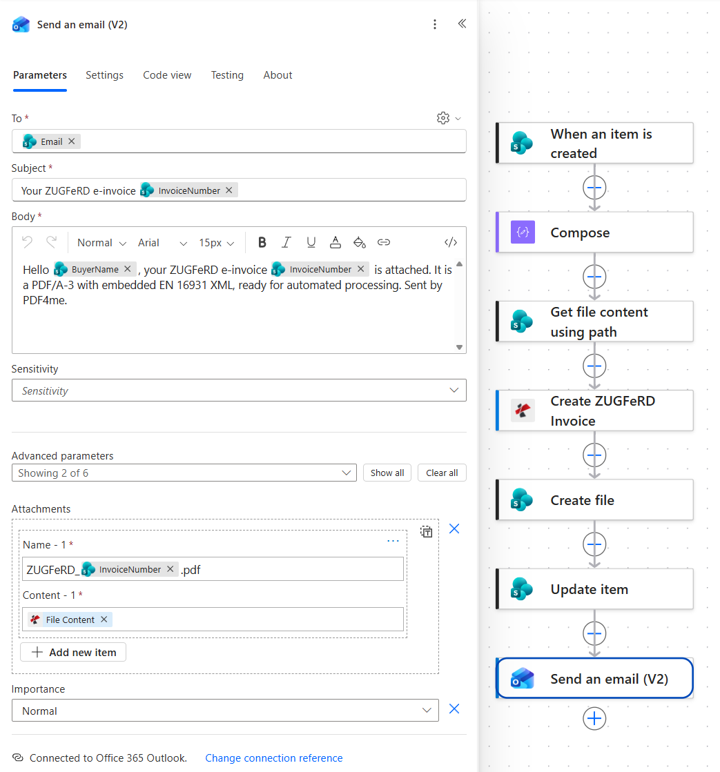 Office 365 Outlook Send an email V2 action with To taken from the Email column, a subject ending in the invoice number, a body naming the buyer and describing a PDF/A-3 with embedded EN 16931 XML, an attachment named ZUGFeRD_ plus the invoice number and .pdf whose content is the PDF4me File Content token, and Importance Normal