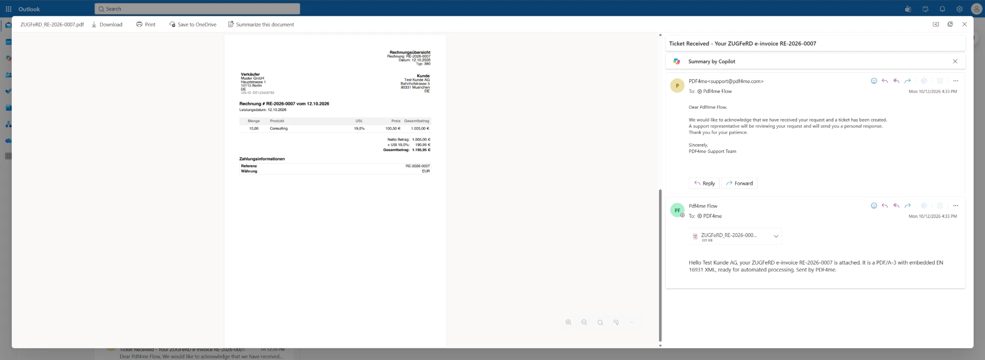 Outlook showing the email with ZUGFeRD_RE-2026-0007.pdf attached and the rendered German invoice open in the preview pane: seller Muster GmbH in Berlin with VAT ID DE123456789, customer Test Kunde AG in Muenchen, invoice RE-2026-0007 dated 12.10.2026, document type 380, one line of Consulting at 19 percent VAT, net 1.005,00 euro and total 1.195,95 euro
