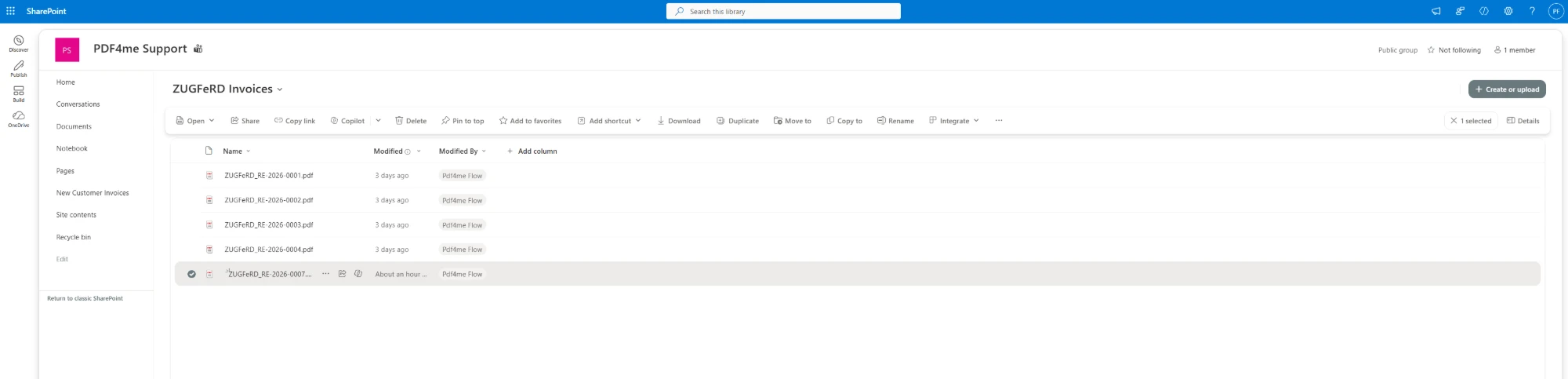 SharePoint ZUGFeRD Invoices library listing ZUGFeRD_RE-2026-0001.pdf through ZUGFeRD_RE-2026-0004.pdf and the newest ZUGFeRD_RE-2026-0007.pdf, all modified by the Pdf4me Flow account