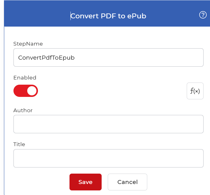 Click to enlarge Convert PDF to ePub configuration in PDF4me Workflows