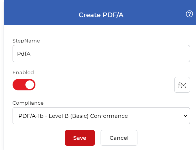 Click to enlarge Create PDF/A configuration in PDF4me Workflows