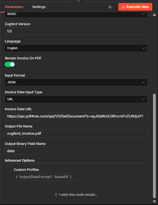 n8n Create Zugferd Invoice advanced configuration with input format, invoice data URL, output binary field, and custom profiles