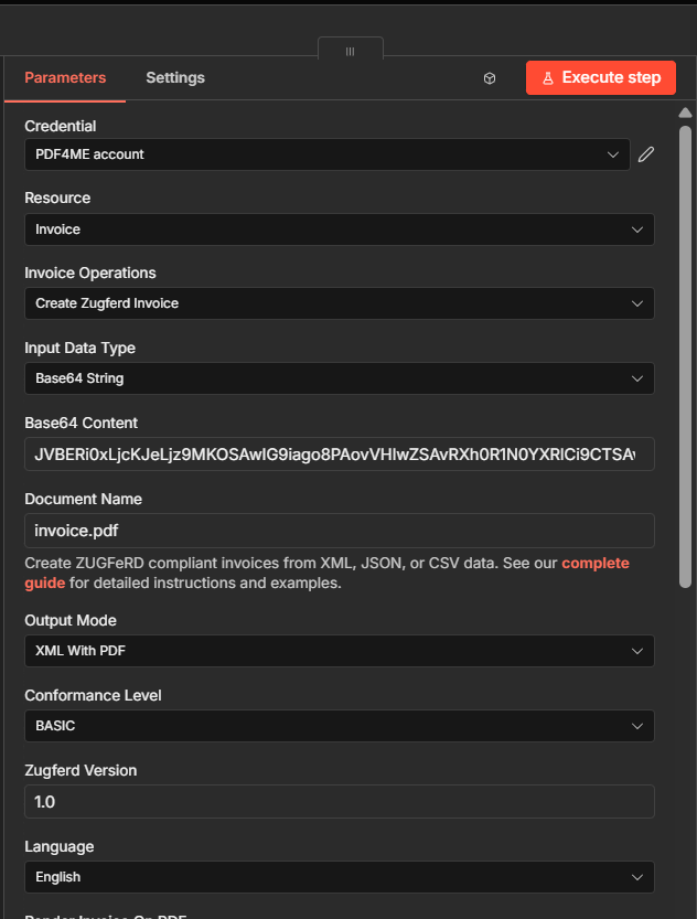n8n Create Zugferd Invoice main configuration with credential, resource, input data type, output mode, and conformance settings