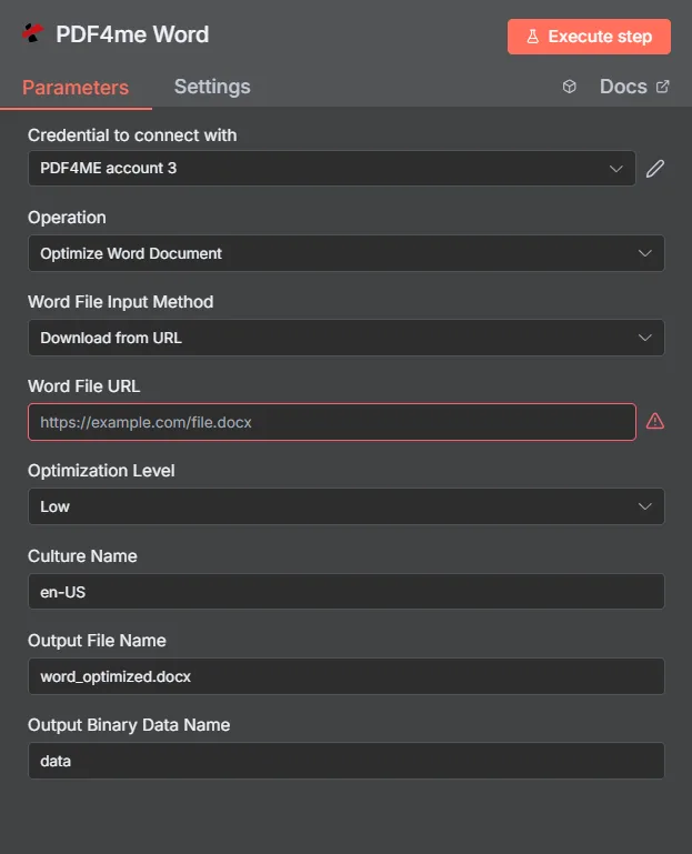 Word Document Optimisation Optimize Word Document using n8n action | PDF4me