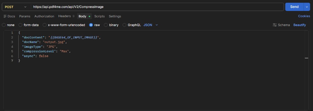 Postman Body tab with docContent, docName, imageType, compressionLevel, and async
