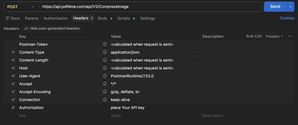Postman Headers tab for Compress Image: POST URL and Authorization