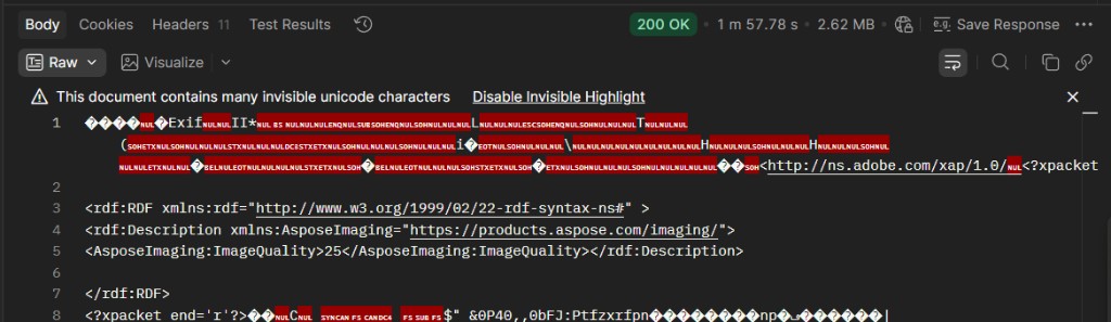 Postman 200 OK with raw response body (binary / metadata visible)
