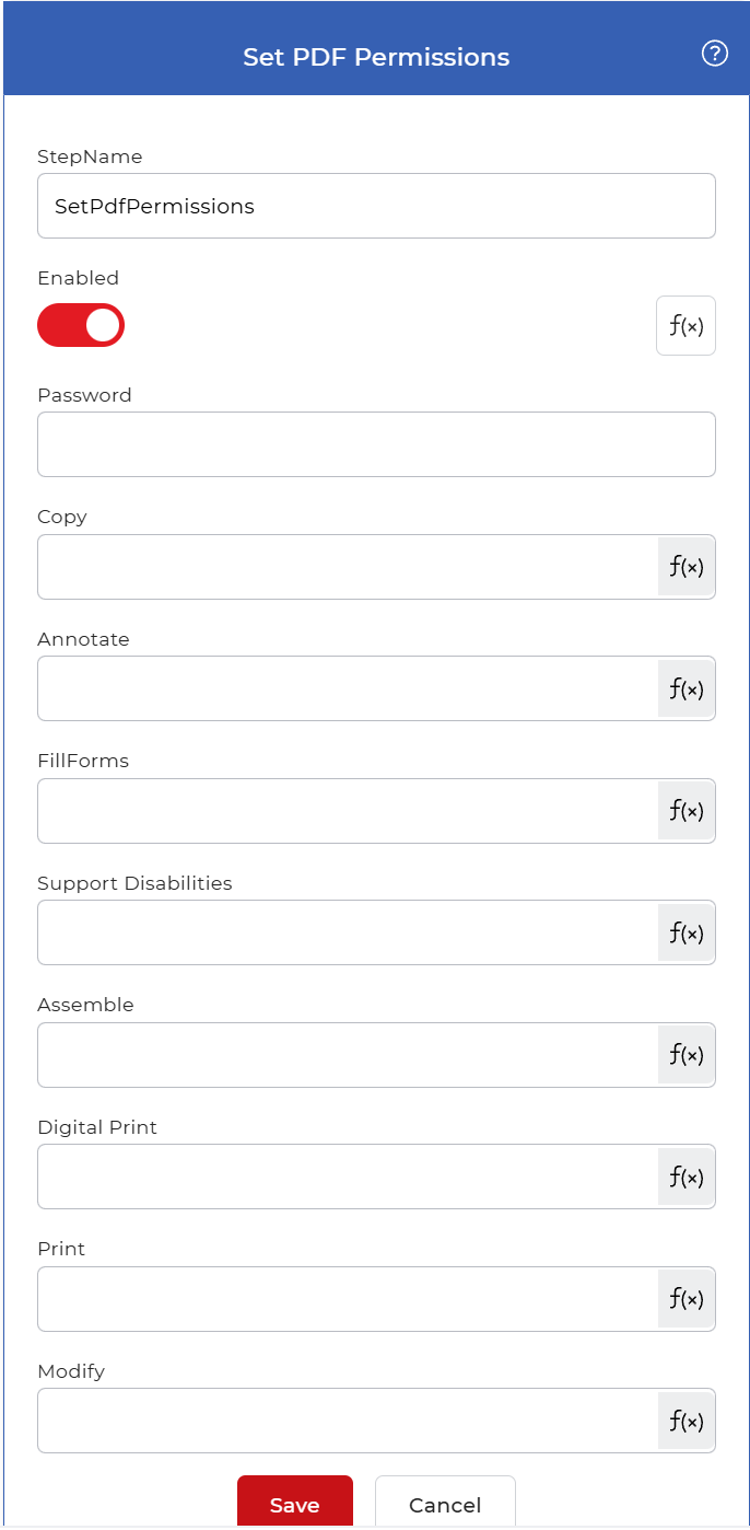 Click to enlarge Set PDF Permissions configuration in PDF4me Workflows
