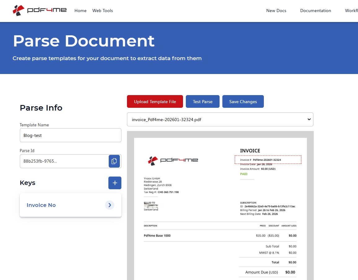 PDF4me Parse Document dashboard: template, Parse ID, keys, and parse result