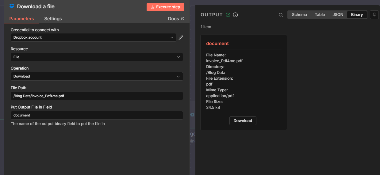 Parse document node: Binary input and OUTPUT with parseInfo