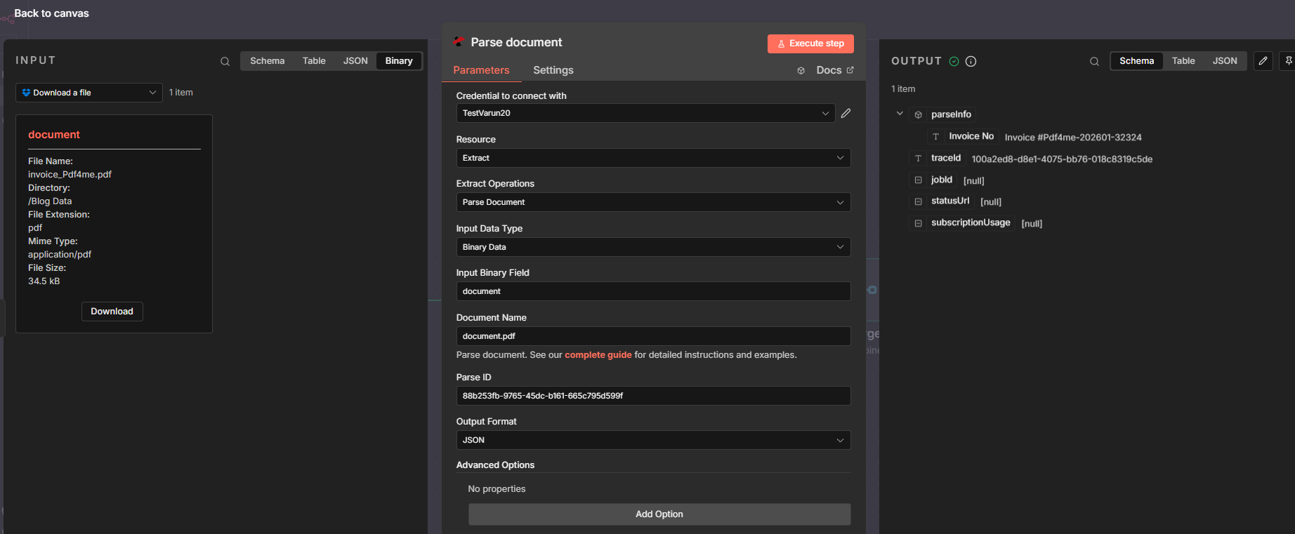 Merge node: Combine by Position, Input 1 = Parse document, Input 2 = Download a file
