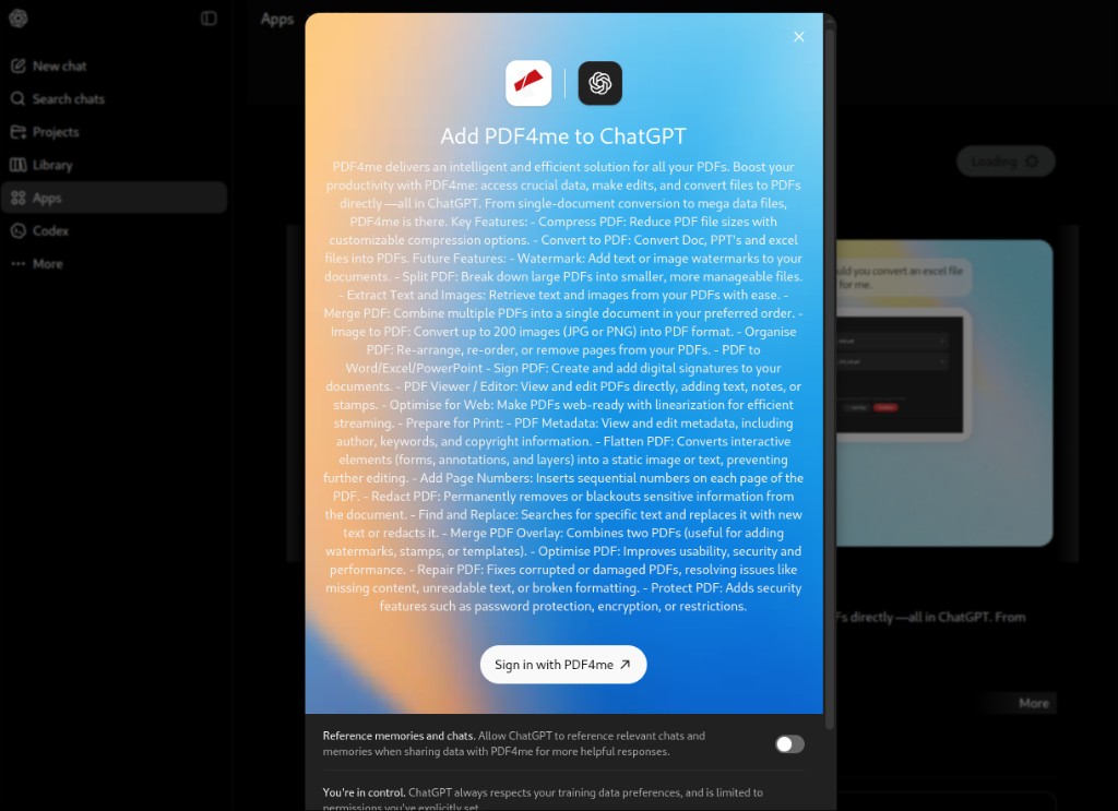Zum Vergrößern bitte anklicken Fügen Sie PDF4me mit der Schaltfläche „Mit PDF4me anmelden“ und der optionalen Option zum Anzeigen von Referenzerinnerungen und Chats zum ChatGPT-Modal hinzu.