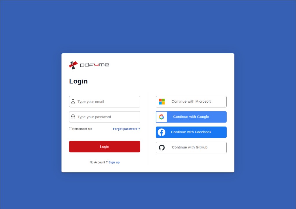 Zum Vergrößern bitte anklicken pdf4me-Anmeldeseite mit E-Mail- und Passwortfeldern links und „Weiter mit Microsoft Google Facebook GitHub“ rechts