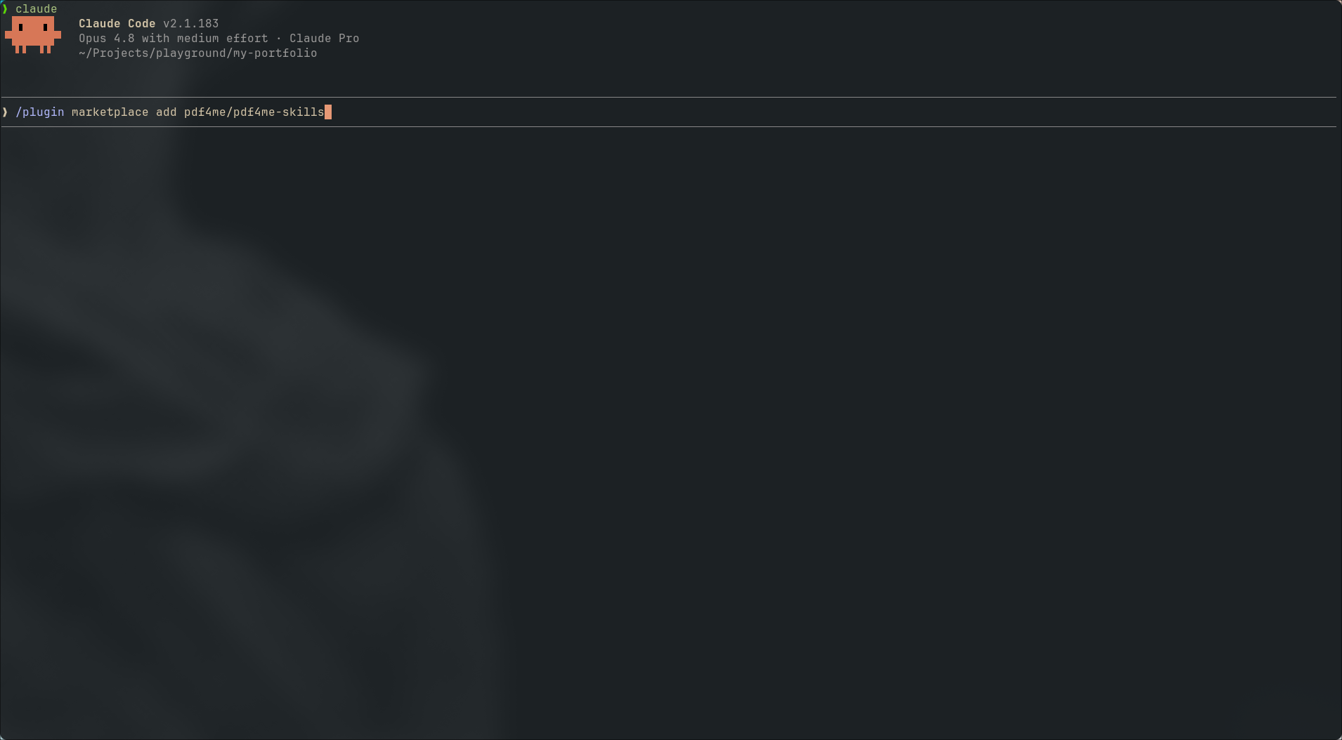 Zum Vergrößern bitte anklicken Claude Code Terminal mit dem Befehl /plugin marketplace add pdf4me/pdf4me-skills an der Eingabeaufforderung