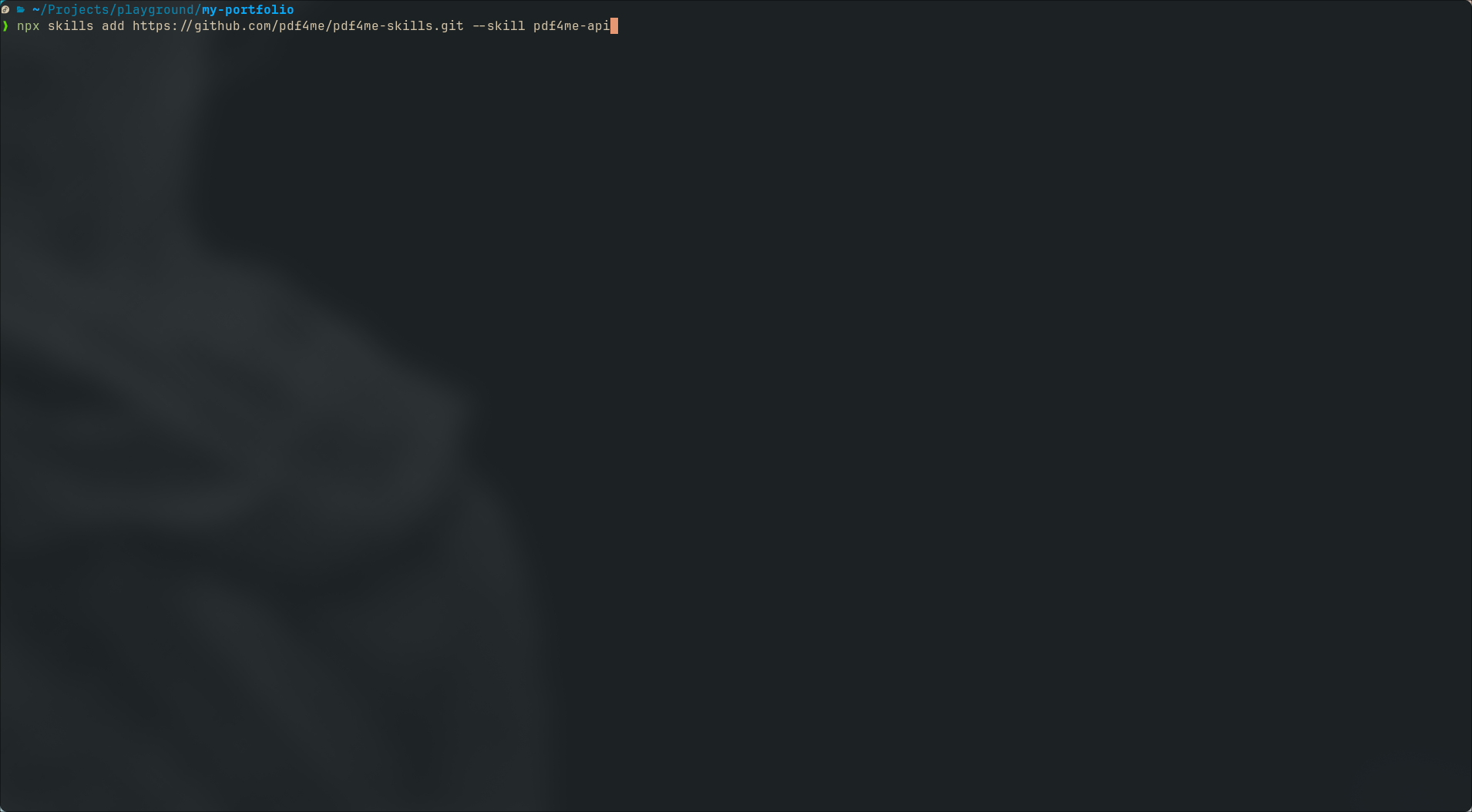 Zum Vergrößern bitte anklicken Terminalausgabe mit dem Befehl `npx skills add` für das Repository `pdf4me-skills` mit dem Skill-Flag `pdf4me-api`.