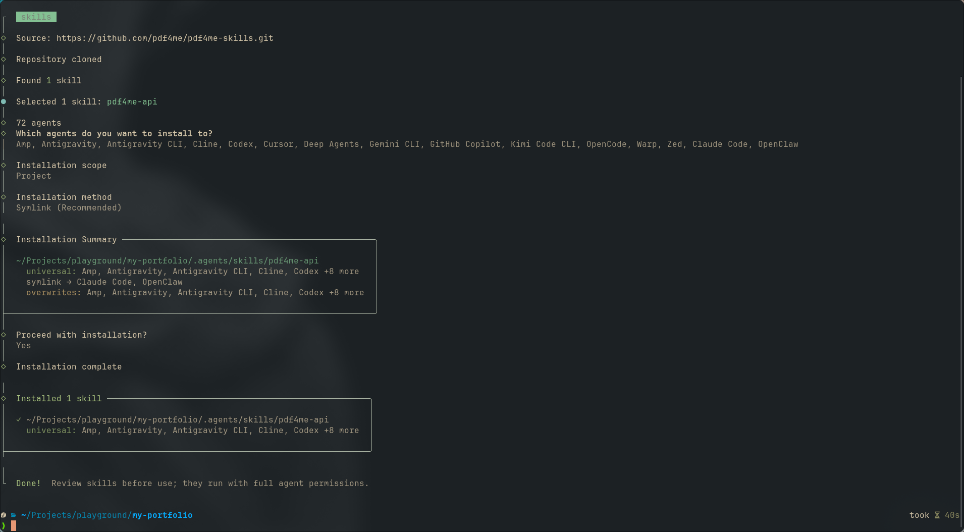 Zum Vergrößern bitte anklicken Zusammenfassung der Skills-CLI-Installation, die die Installation von pdf4me-api im Skills-Verzeichnis der Projektagenten anzeigt.